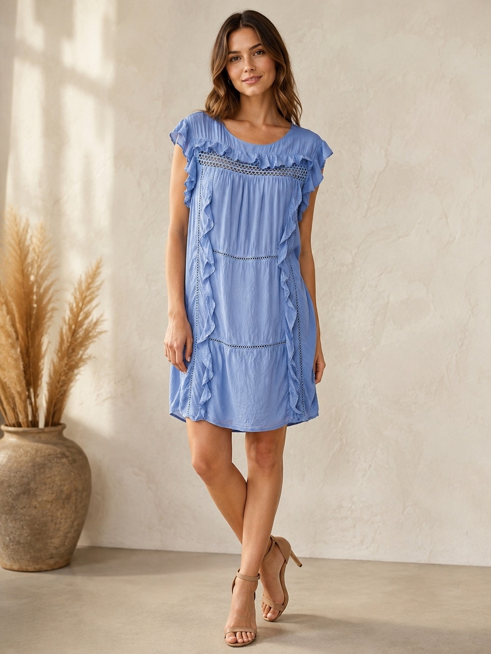 Claudie Pierlot RIMA Blue Ruffle Crochet Lace Dress FR 40 US 8 - Picture 1 of 13